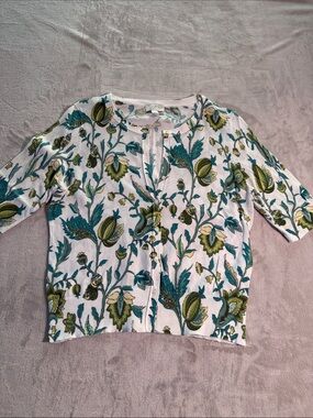 LOFT White Cardigan with Teal Floral Print 100% Cotton Size L Quiet Luxury